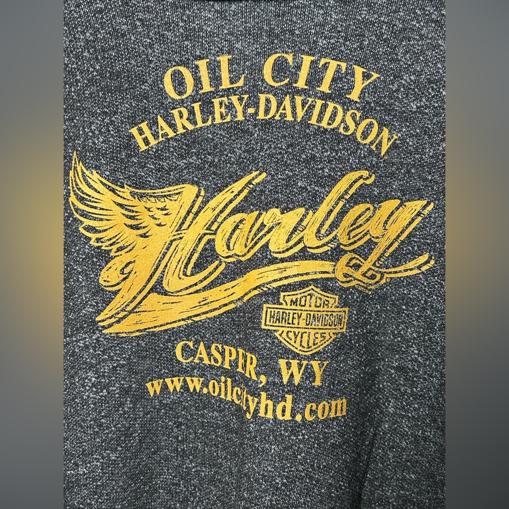 Harley-Davidson Women’s XXL Heather Gray Yellow Hoodie Graphic V Neck Sweatshirt - Picture 5 of 6